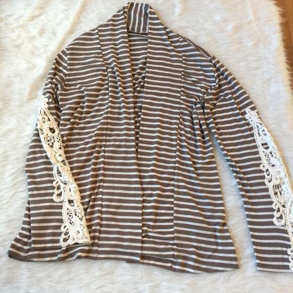 Taupe Striped Knit Open Lightweight Cardigan M - Picture 5 of 7